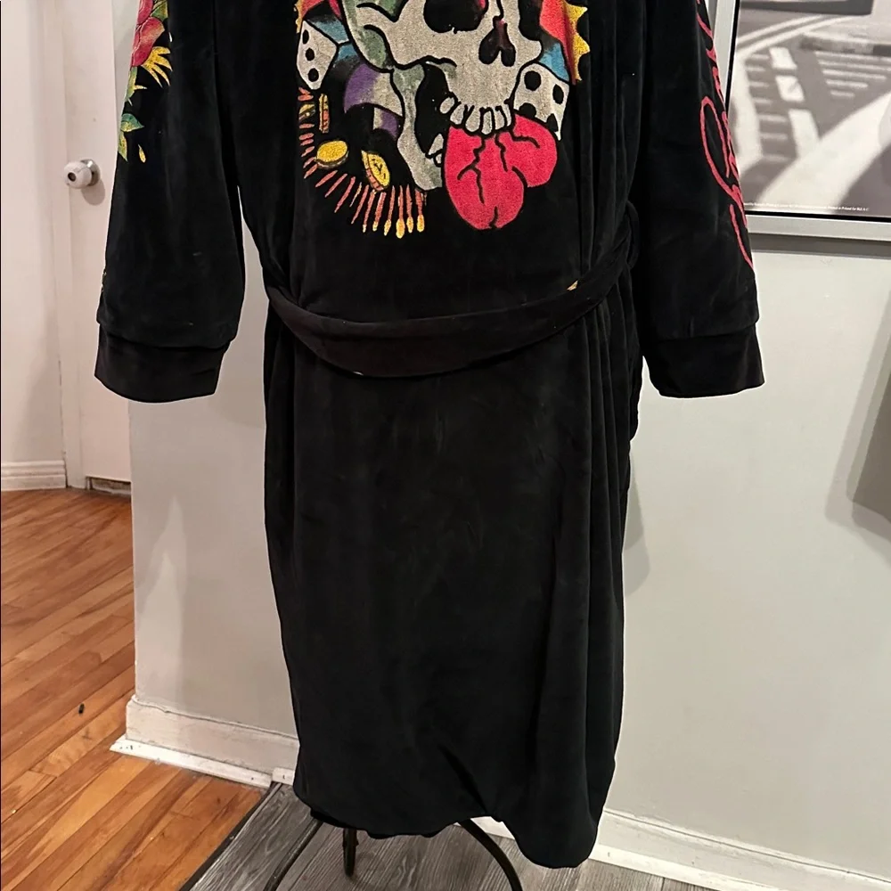 Y2K Ed Hardy Velvet Robe Coat Skull Tattoo Graphic Black S/M Luxury Streetwear - Picture 9 of 15